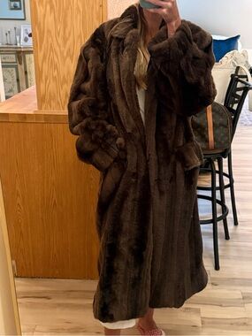 Brown Long Faux mink-Fur Coat
